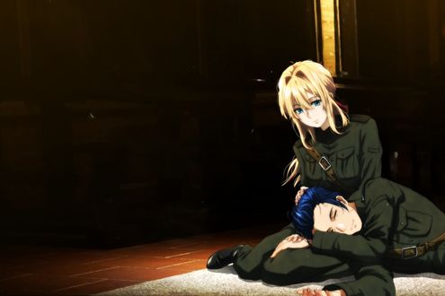 Обои на рабочий стол Violet Evergarden / Вайолет Эвергардэн и Gilbert Bougainvillea отдыхают после сражения из аниме Violet Evergarden