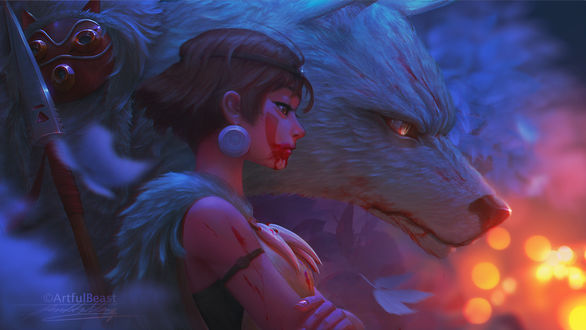 Обои на рабочий стол Princess Mononoke / Принцесса Мононокэ и богиня-волчица Moro / Моро из аниме Princess Mononoke / Принцесса Мононоке / Mononoke Hime, by ArtfulBeast
