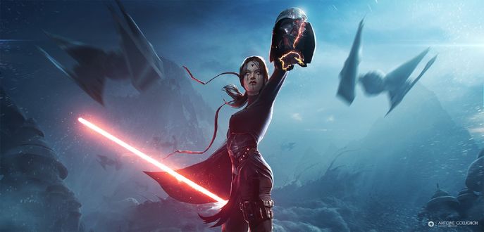 Обои на рабочий стол Девушка-джедай Mara Jade Skywalker / Мара Джейд-Скайуокер стоит с отрубленной головой Darth Vader / Дарт Вейдера из игры Star Wars / Звездные войны, by Antoine Collignon