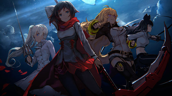 Обои на рабочий стол Ruby Rose / Руби Роуз, Weiss Schnee / Вайс Шни, Blake Belladonna / Блейк Белладонна, Yang Xiao Long / Янь Сяо Лун из аниме RWBY / Красный, Белый, Черный, Желтый