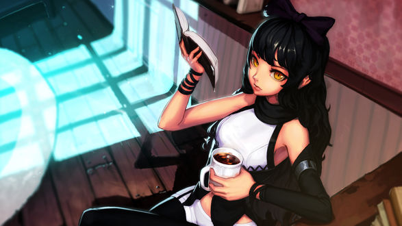 Обои на рабочий стол Blake Belladonna / Блейк Белладонна читает книгу с кружкой кофе в руке из аниме RWBY / Красный, Белый, Черный, Желтый