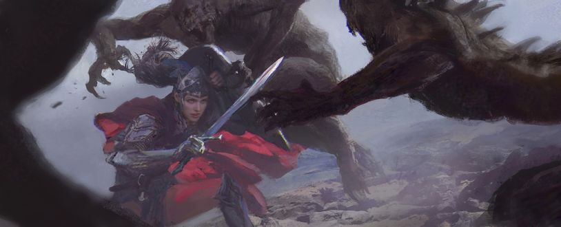 Обои на рабочий стол Девушка-рыцарь в бою с монстрами, by YaPing Zhang