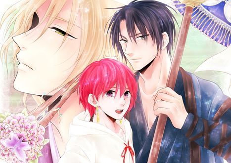 Обои на рабочий стол Yona / Йона, Soo-Won и Hak Son с пикой из аниме Akatsuki no Yona / Рассвет Йоны, by Mizuho Kusanagi