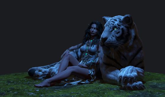 Обои на рабочий стол Эльфийка Tyrande / Тиранда и тигрица Ashalah / Ашхала из игры World of Warcraft / Мир военного ремесла, by George Panfilov