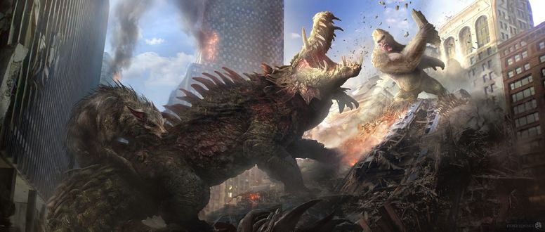 Обои на рабочий стол Битва монстров в городе, арт к фильму Рэмпейдж / Rampage, by Aaron Sims Creative