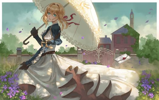 Обои на рабочий стол Violet Evergarden / Вайолет Эвергардэн под зонтом среди фиалок из аниме Violet Evergarden