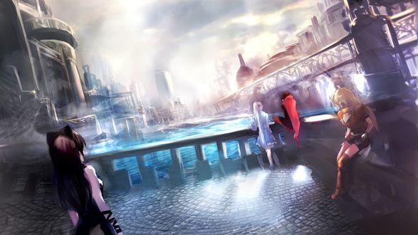 Обои на рабочий стол Ruby Rose / Руби Роуз, Weiss Schnee / Вайс Шни, Blake Belladonna / Блейк Белладонна, Yang Xiao Long / Янь Сяо Лун на фоне города аниме RWBY / Красный, Белый, Черный, Желтый