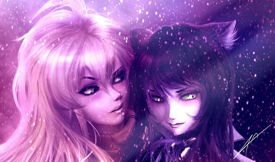 Обои на рабочий стол Blake Belladonna / Блейк Белладонна, Yang Xiao Long / Янь Сяо Лун на фоне падающего снега аниме RWBY / Красный, Белый, Черный, Желтый
