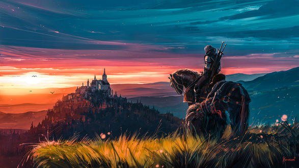 Обои на рабочий стол Геральт из Ривии / Ведьмак стоит на фоне замка, art by Aenami к игре Ведьмак 3: Дикая Охота / The Witcher 3: Wild Hunt