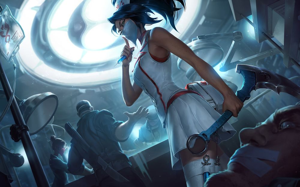 Обои для рабочего стола Akali / Акали в образе медсестры из игры League of Legends / Лига Легенд, by Jennifer Wuestling