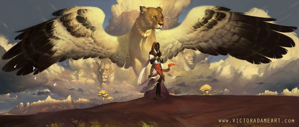 Обои для рабочего стола Priestess of Ishtar / Жрица Иштар с крылатыми львицами в небе, by Victor Adame