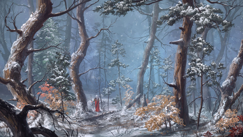 Обои для рабочего стола Человек с луком стоит в зимнем лесу, by ReFiend