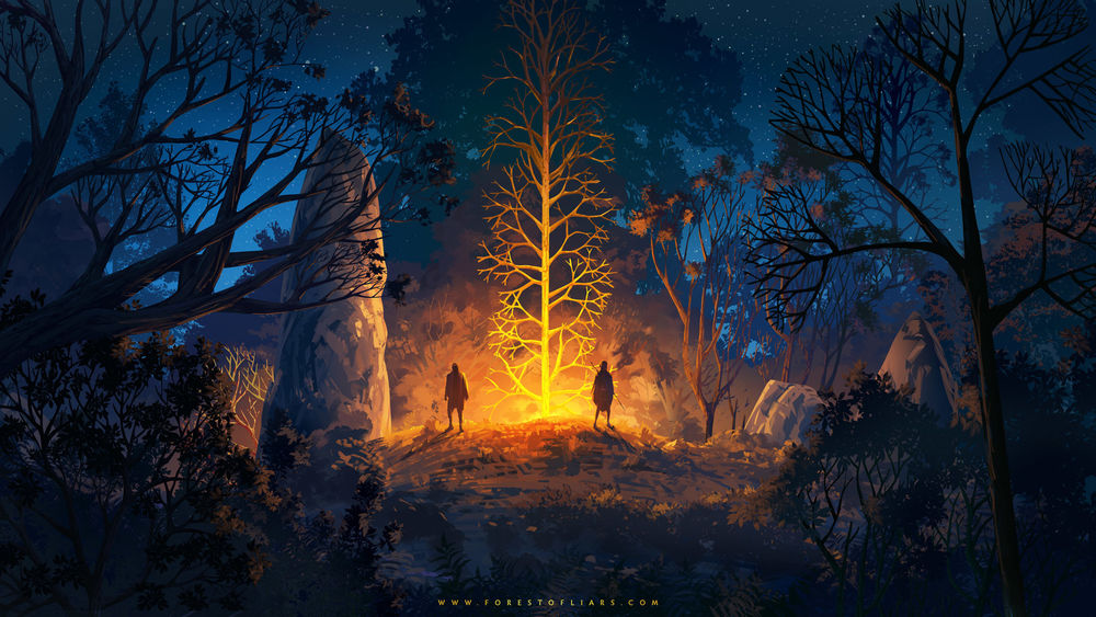 Обои для рабочего стола Два человека стоят у светящегося дерева, Forest of Liars / Лес Лжец: странная ночь, by Sylvain Sarrailh
