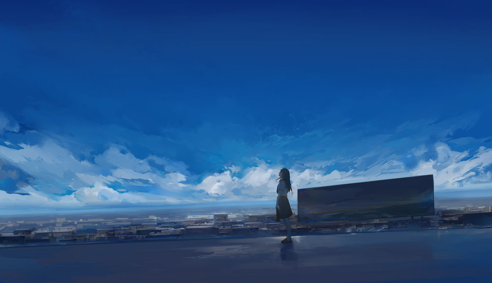 Обои для рабочего стола Девушка стоит на крыше здания и смотрит в небо