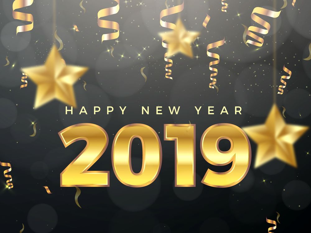 Обои для рабочего стола Надпись Happy New Year / Счастливого нового года, 2019 на фоне звезд и серпантина