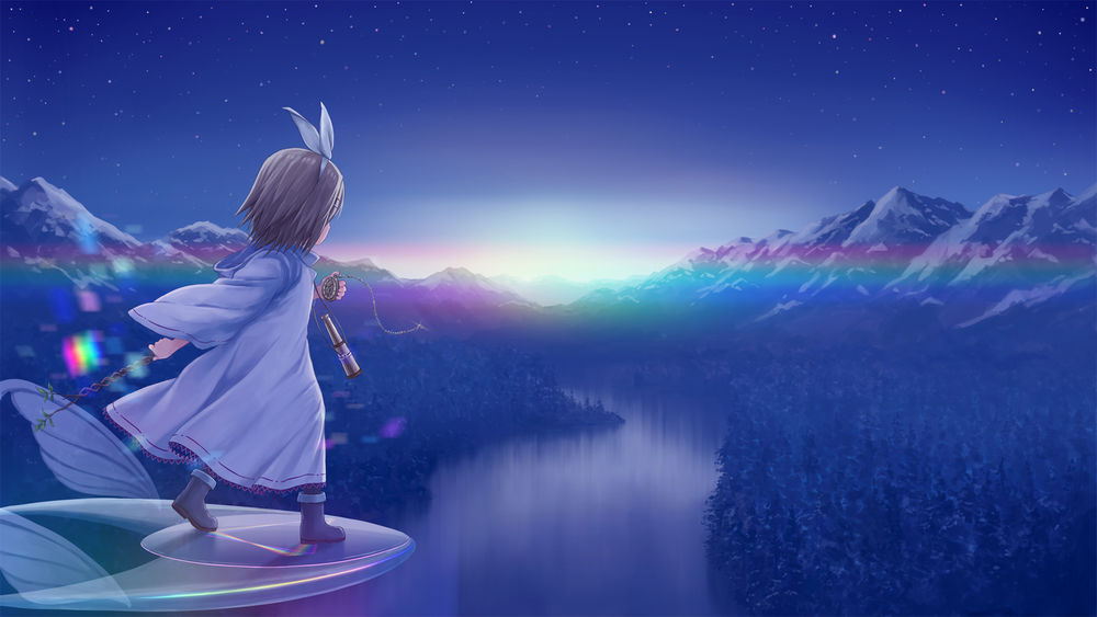 Обои для рабочего стола Персонаж Кагаминэ Рин стоит на фоне неба и гор вдоль реки, by isou nagi