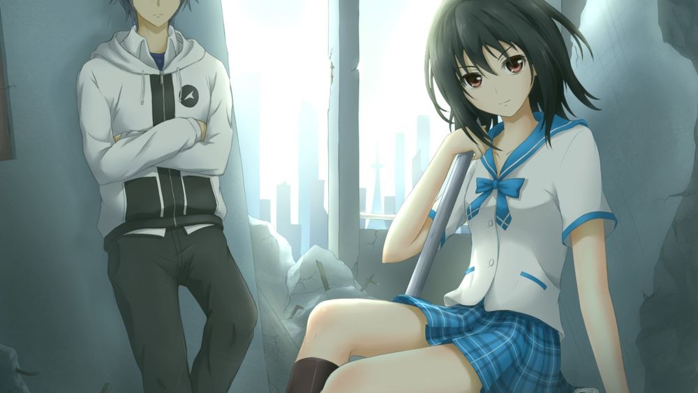 Обои для рабочего стола Юкина Химэраги / Yukina Himeragi сидит на камне возле стены вместе с Кедзе Акацуки / Kojo Akatsuki облокотившийся об стену из аниме Удар Крови / Strike Blood в заброшенном домом возле города