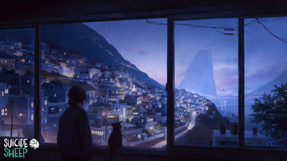 Обои для рабочего стола Девушка с кошкой у окна с видом на ночной город, by Suicide Sheep
