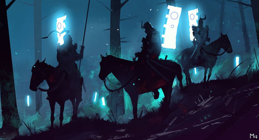 Обои для рабочего стола Три всадника - самурая на лошадях в ночном лесу, art by Dominik Mayer