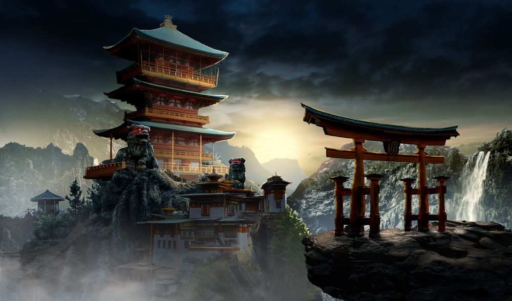 Обои для рабочего стола Ворота тории и японская пагода, охраняемая свирепыми каменными львами, на фоне гор и водопада, by Johnpaul Koo
