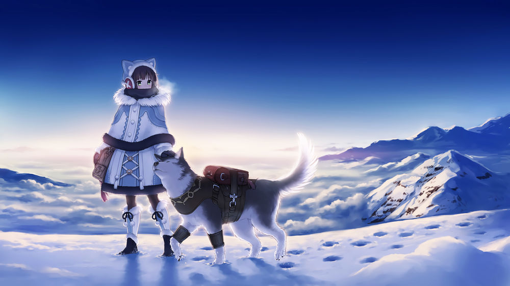 Обои для рабочего стола Девушка с собакой хаски стоит на снегу