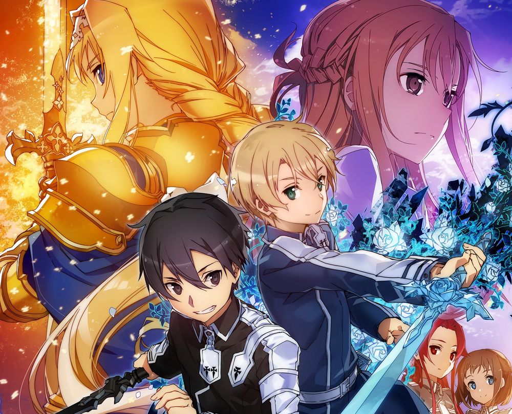 Обои на рабочий стол Асуна Юуки / Yuuki Asuna и Кирито / Kirito / Казуто  Киригая / Kirigaya Kazuto и др. персонажи из аниме Sword Art Online /  Мастера Меча Онлайн Алисизация,