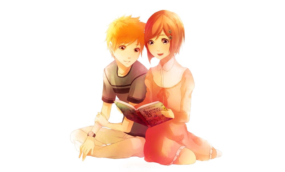 Обои для рабочего стола Дети Orihime Inoue / Орихиме Иноуэ и Kurosaki Ichigo / Куросаки Ичиго читают книгу сказок арт по аниме Bleach / Блич
