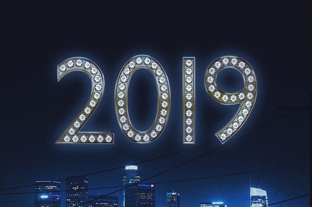 Обои для рабочего стола Украшенные стразами цифры 2019 на фоне пейзажа ночного города, by Biljana Jovanovic