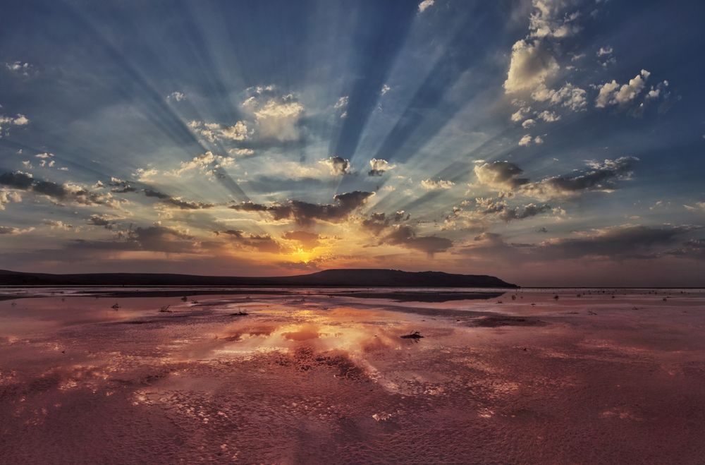 Обои для рабочего стола Кояшское соленое озеро с розовой водой на рассвете, Крым, фотограф Elena Pakhalyuk