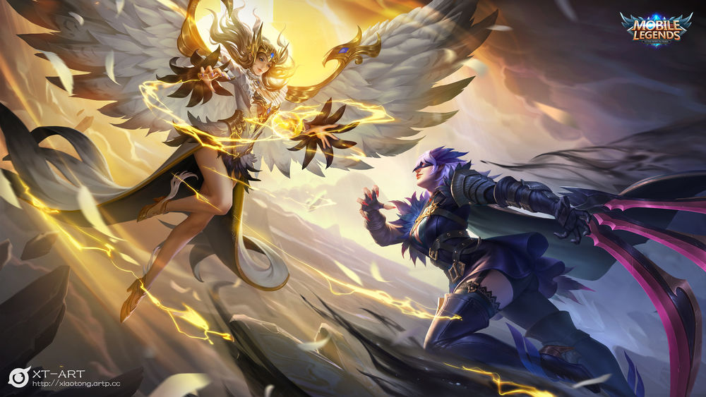 Обои для рабочего стола Девушки-ангел и демон в бою, арт к игре Mobile Legends, by exia xiaotong