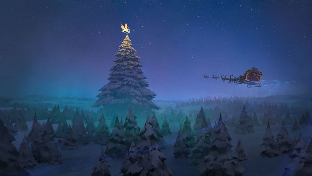 Обои для рабочего стола Санта-Клаус / Santa Claus летящий в санях, запряженной оленями, в ночном небе на фоне огромной новогодней ели с украшенной верхушкой, by Atomhawk Design