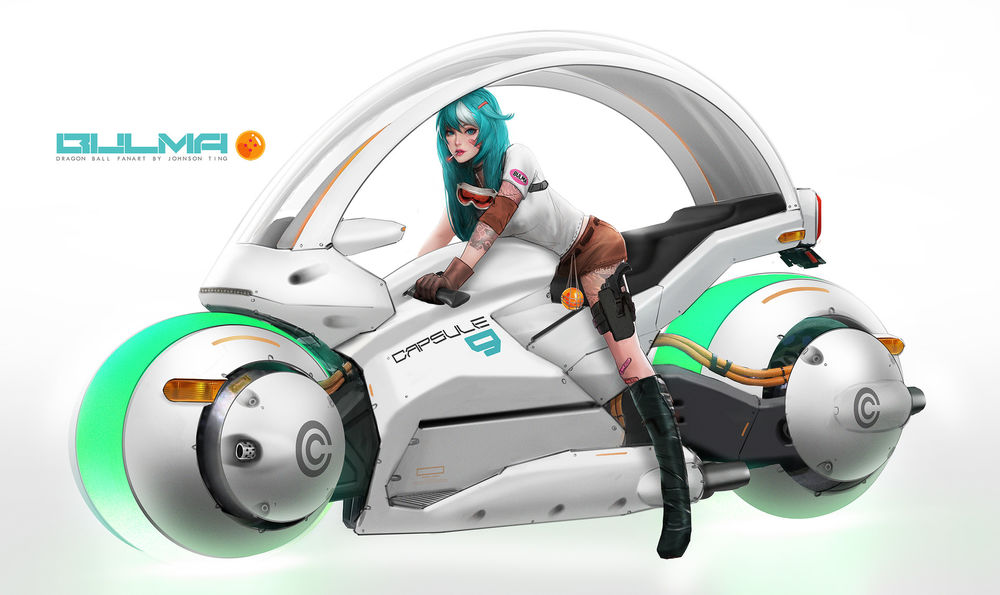 Обои для рабочего стола Девушка Bulma на футуристическом мотоцикле, арт к игре Dragon Ball / Жемчуг дракона, by Johnson Ting