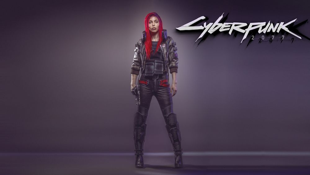Обои для рабочего стола Косплей героини Cyberpunk 2077 на фиолетовом фоне