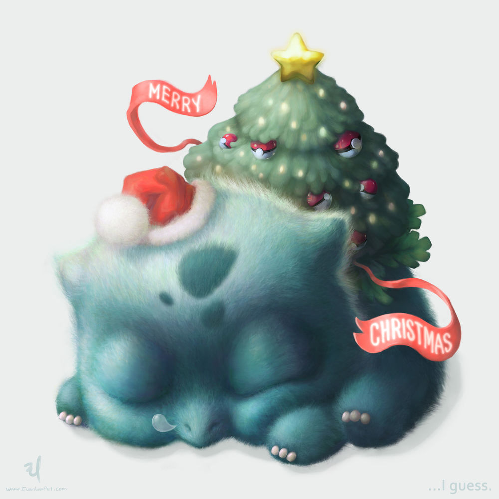 Обои для рабочего стола Bulbasaur / Бульбазавр из игры Покемон в шапочке Санты с новогодней елкой на спине (Merry Christmas)