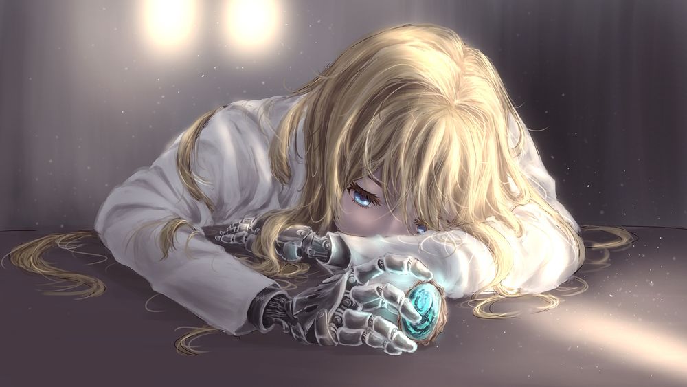 Обои для рабочего стола Грустная Violet Evergarden / Вайолет Эвергардэн с брошью в руке из аниме Violet Evergarden