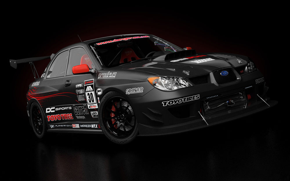 Обои для рабочего стола Черная тюнингованная Subaru Impreza WRX STI на черном фоне, by dangeruss