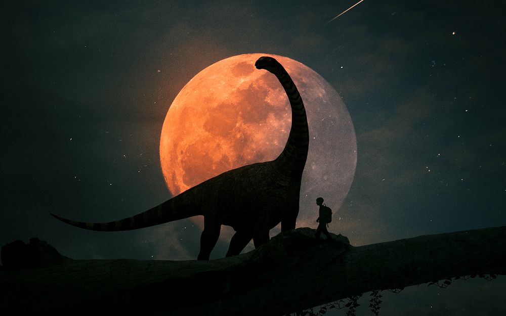 Обои для рабочего стола Силуэт мальчика и динозавра на фоне большой луны, art by Thiago Garcia