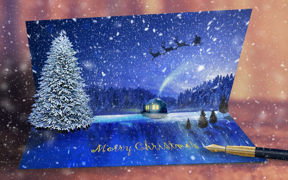 Обои для рабочего стола Рождественская открытка с елкой и ручкой рядом (Merry Christmas / Счастливого Рождества)