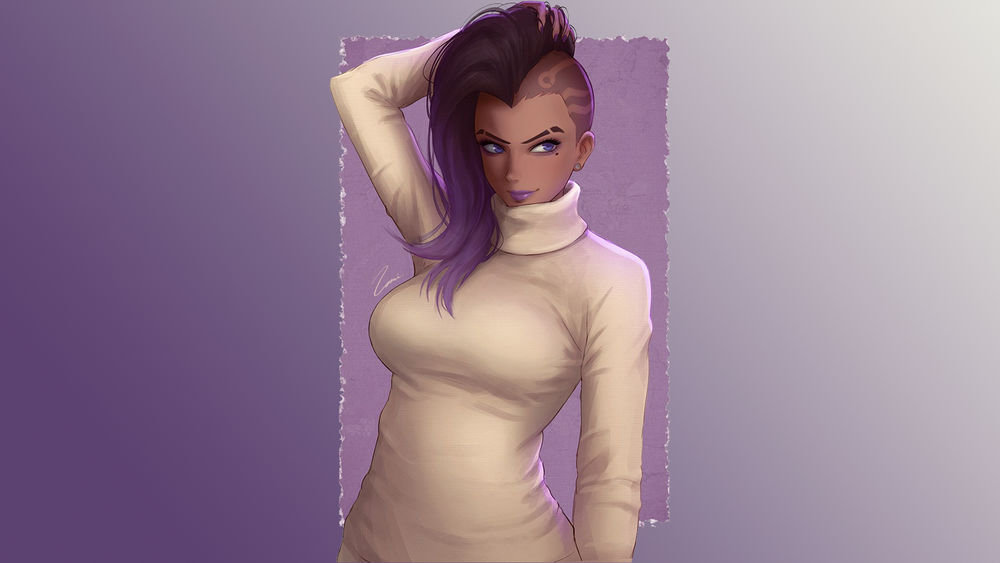 Обои для рабочего стола Арт на Сомбру из игры Overwatch в бежевом свитере, держащей руку в волосах