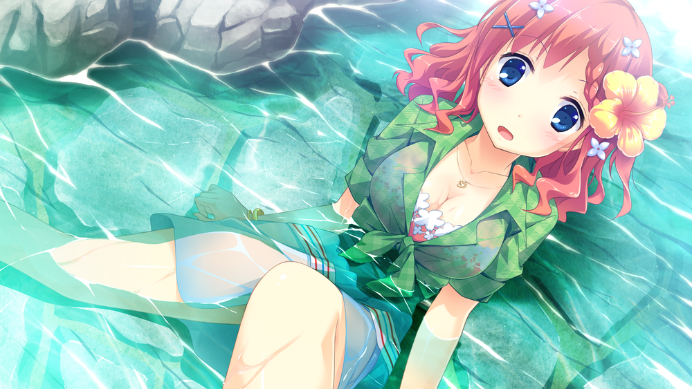 Обои для рабочего стола Шиори Маки / Maki Shiori из визуальной новеллы Koisuru Natsu No Last Resort, упала в воду и смущается