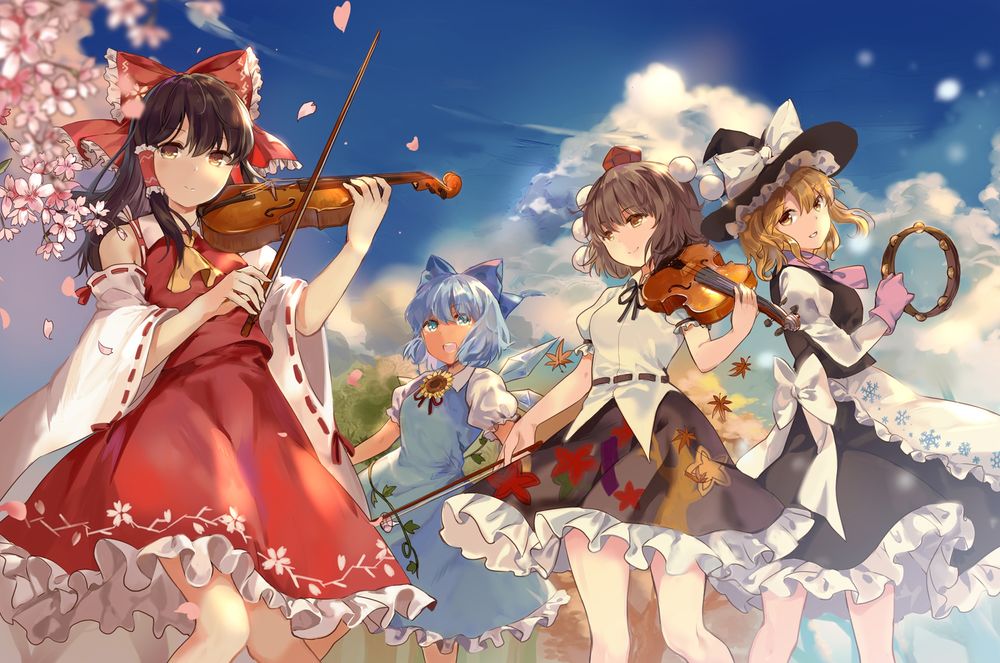Обои для рабочего стола Reimu Hakurei / Рейму Хакурей, Marisa Kirisame / Мариса Кирисаме, Cirno и Aya Shameimaru играют на музыкальных инструментах из серии компьютерных игр Touhou Project / Проект «Восток»