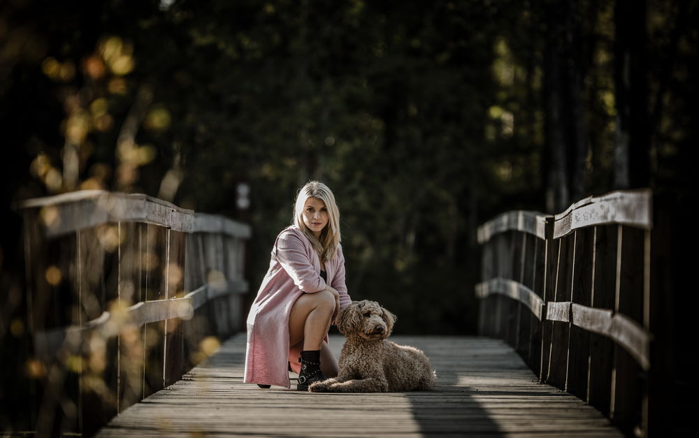 Обои для рабочего стола Девушка с собакой сидят на мосту
