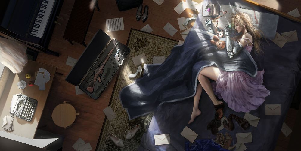 Обои для рабочего стола Грустная Violet Evergarden / Вайолет Эвергардэн лежит на полу среди писем, конвертов и печатной машинки и смотрит на брошь из аниме Violet Evergarden