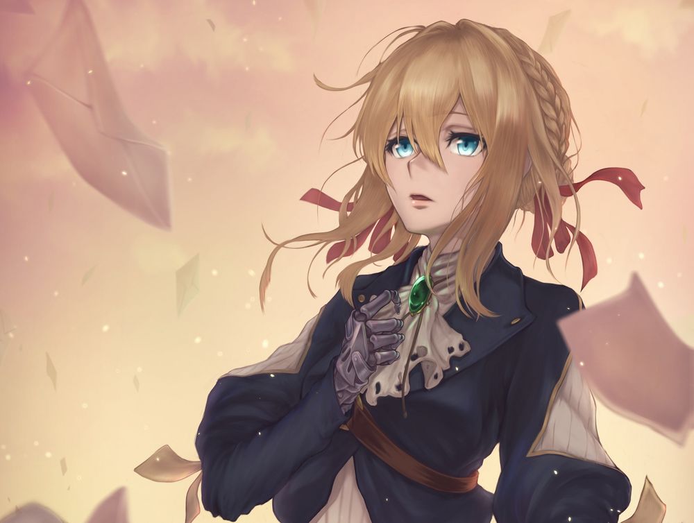 Обои для рабочего стола Грустная Violet Evergarden / Вайолет Эвергардэн смотрит на разлетающиеся письма из аниме Violet Evergarden