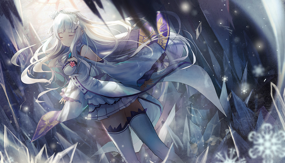 Обои на рабочий стол Эмилия / Emilia из аниме Re: Жизнь в альтернативном мире с нуля / Re:Zero kara Hajimeru Isekai Seikatsu, art by Fuyouchu