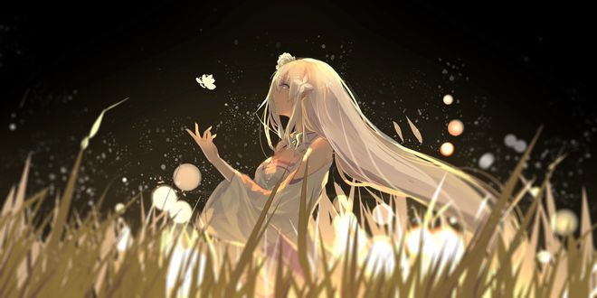 Обои на рабочий стол Эмилия / Emilia пытается словить бабочку, парящую в воздухе, персонаж из аниме Re: Жизнь в альтернативном мире с нуля / Re: Zero kara Hajimeru Isekai Seikatsu