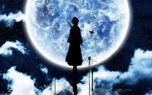 Обои на рабочий стол Рукия Кучики из аниме Блич / Bleach стоит на крыше дома при полной луне
