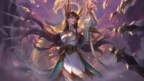 Обои на рабочий стол Irelia / Ирелия на фоне огненного дракона в небе из игры Лига Легенд / League of Legends, by Bo Chen