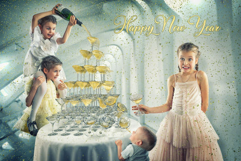 Обои на рабочий стол Happy New Year / счастливого нового года, дети у стола с бокалами шампанского, by John Wilhelm