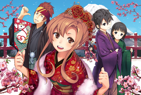 Обои на рабочий стол Yuuki Asuna / Юки Асуна, Yui / Юи, Kirigaya Kazuto / Киригая Кадзуто, Kirigaya Suguha / Киригая Сугуха, Ryoutarou Tsuboi / Ретаро Цубои персонажи аниме Sword Art Online / Мастера Меча Онлайн